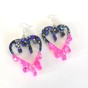 Drippy heart dangle earrings with purple blue black pink silver stars glitter